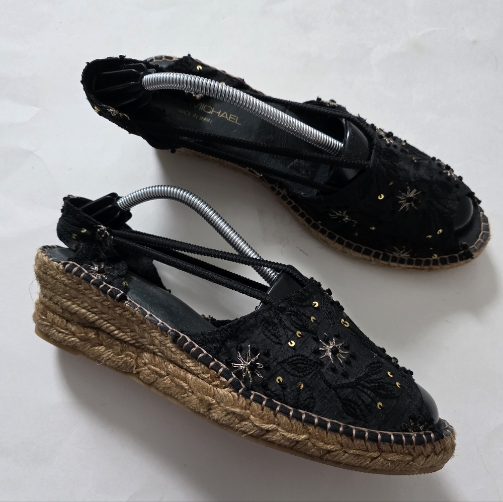 ERIC MICHAEL Espadrilles Peep Toe Wedge Sandal Black Sz 41